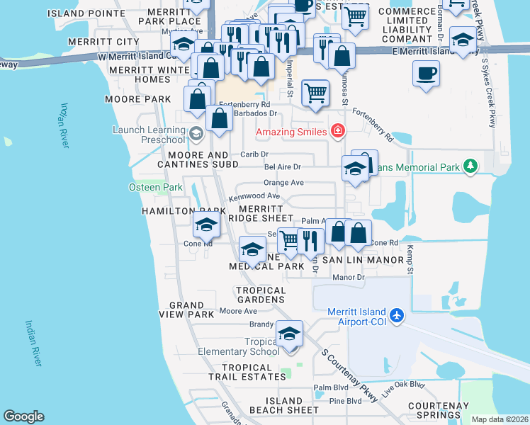 map of restaurants, bars, coffee shops, grocery stores, and more near 481 Falmouth Avenue in Merritt Island