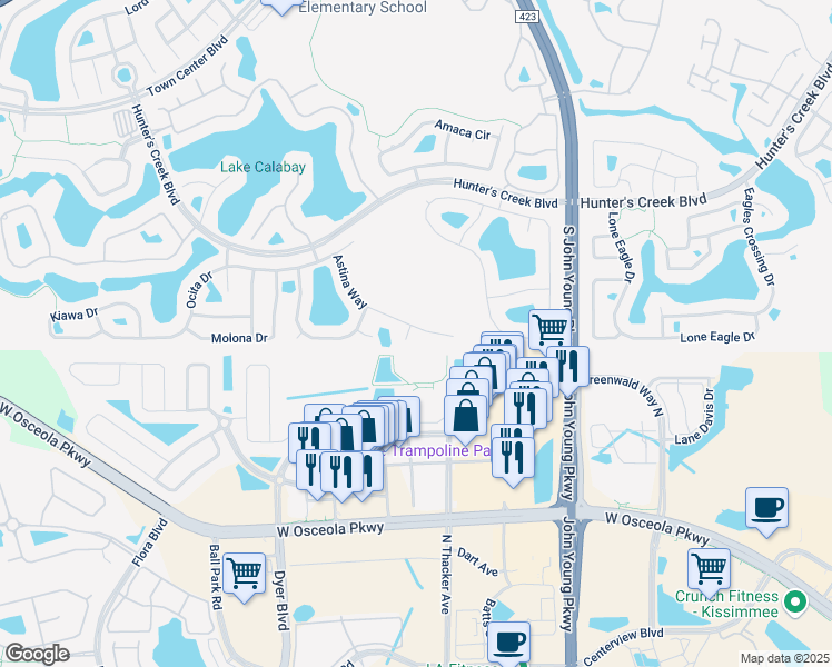 map of restaurants, bars, coffee shops, grocery stores, and more near 3400 Astina Court in Orlando