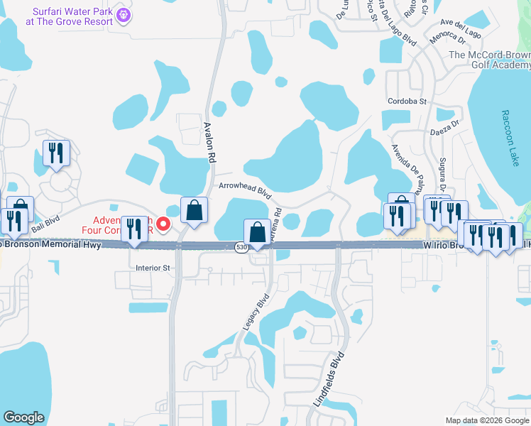 map of restaurants, bars, coffee shops, grocery stores, and more near 14914 Arrena Road in Winter Garden