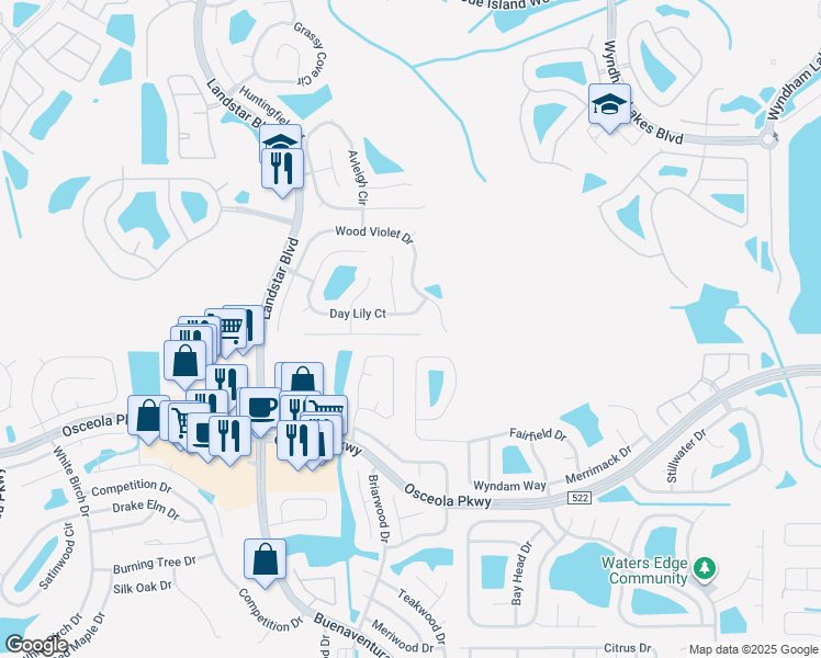 map of restaurants, bars, coffee shops, grocery stores, and more near 1713 Golden Poppy Court in Orlando