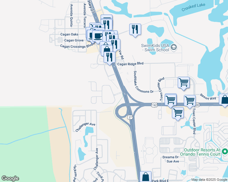 map of restaurants, bars, coffee shops, grocery stores, and more near 509 Summer Place Loop in Clermont