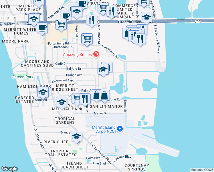 map of restaurants, bars, coffee shops, grocery stores, and more near 18 Voyager Way in Merritt Island