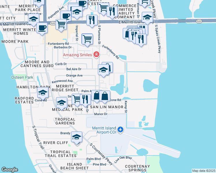 map of restaurants, bars, coffee shops, grocery stores, and more near 420 Breakwater Drive in Merritt Island