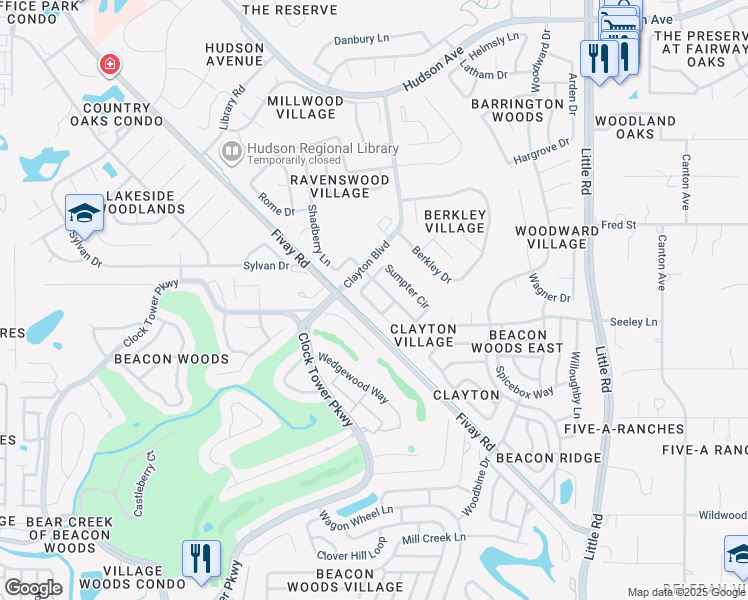 map of restaurants, bars, coffee shops, grocery stores, and more near 13112 Sheridan Drive in Hudson