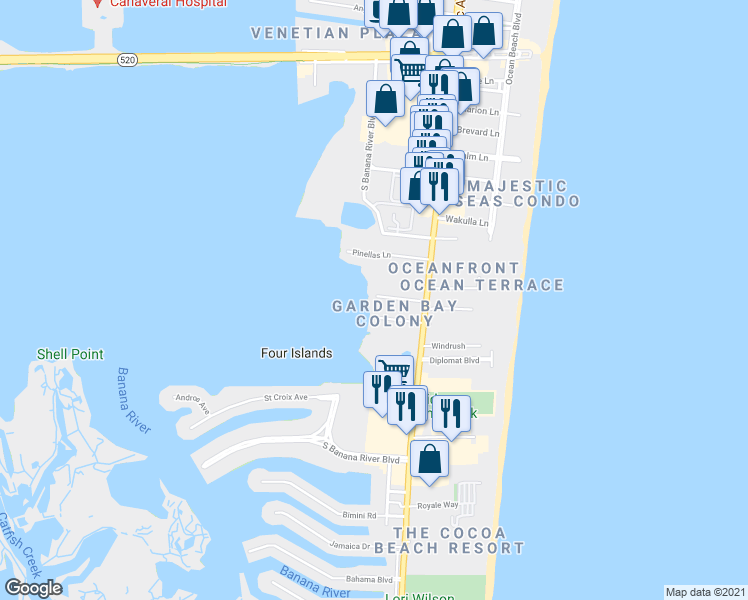 map of restaurants, bars, coffee shops, grocery stores, and more near 60 Manatee Lane in Cocoa Beach