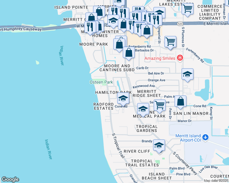 map of restaurants, bars, coffee shops, grocery stores, and more near 65 Hamilton Drive in Merritt Island