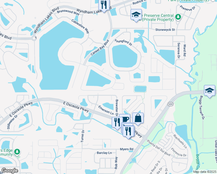 map of restaurants, bars, coffee shops, grocery stores, and more near 1848 Penrith Loop in Orlando