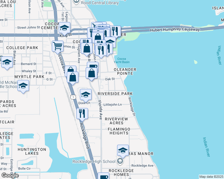 map of restaurants, bars, coffee shops, grocery stores, and more near 29 Sutton Street in Rockledge