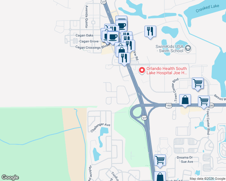 map of restaurants, bars, coffee shops, grocery stores, and more near 16710 Caribbean Breeze Way in Clermont