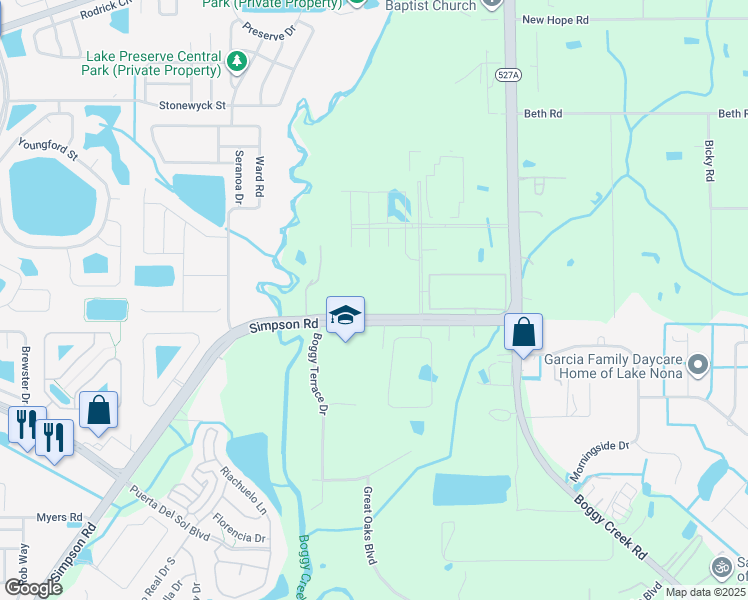map of restaurants, bars, coffee shops, grocery stores, and more near 3157 Simpson Road in Kissimmee