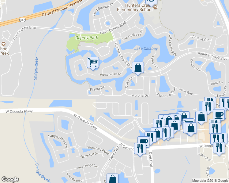 map of restaurants, bars, coffee shops, grocery stores, and more near 3907 Kiawa Drive in Orlando