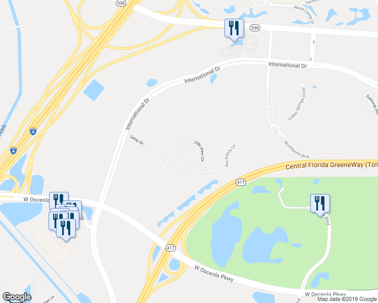 map of restaurants, bars, coffee shops, grocery stores, and more near 8813 Villa View Circle in Orlando