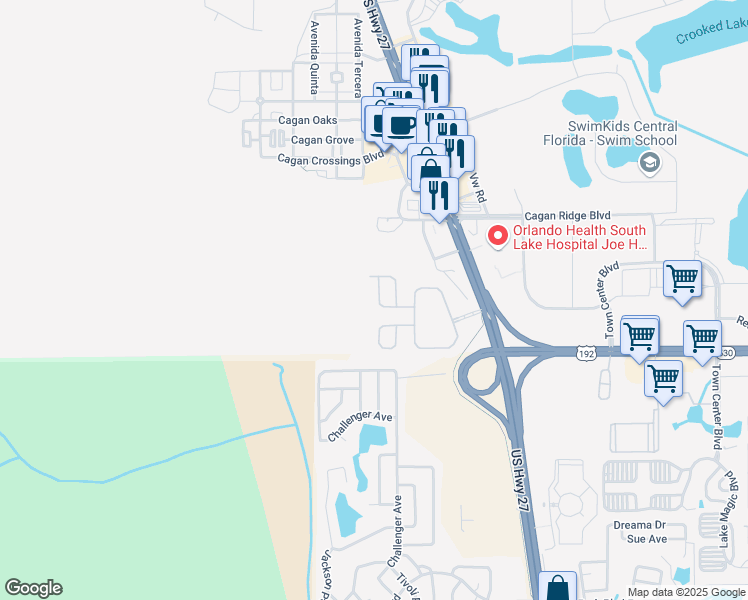 map of restaurants, bars, coffee shops, grocery stores, and more near 16620 Caribbean Breeze Way in Clermont