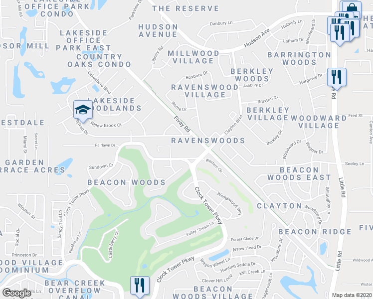 map of restaurants, bars, coffee shops, grocery stores, and more near 13215 Fivay Road in Hudson
