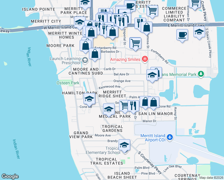 map of restaurants, bars, coffee shops, grocery stores, and more near 481 Falmouth Avenue in Merritt Island