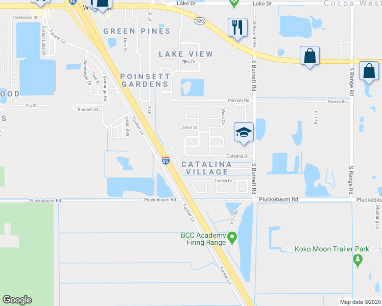 map of restaurants, bars, coffee shops, grocery stores, and more near 3860 Catalina Drive in Cocoa