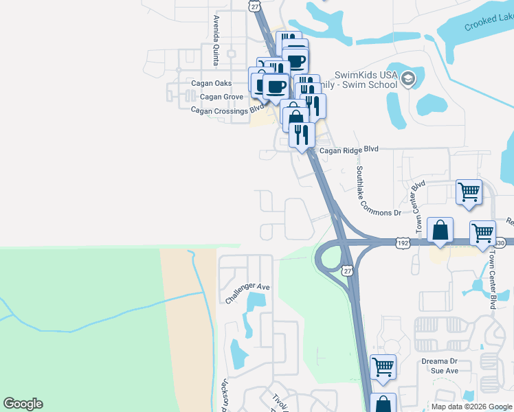 map of restaurants, bars, coffee shops, grocery stores, and more near 16620 Caribbean Breeze Way in Clermont