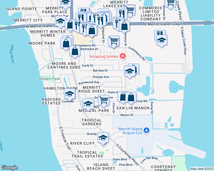 map of restaurants, bars, coffee shops, grocery stores, and more near 504 Palm Avenue in Merritt Island