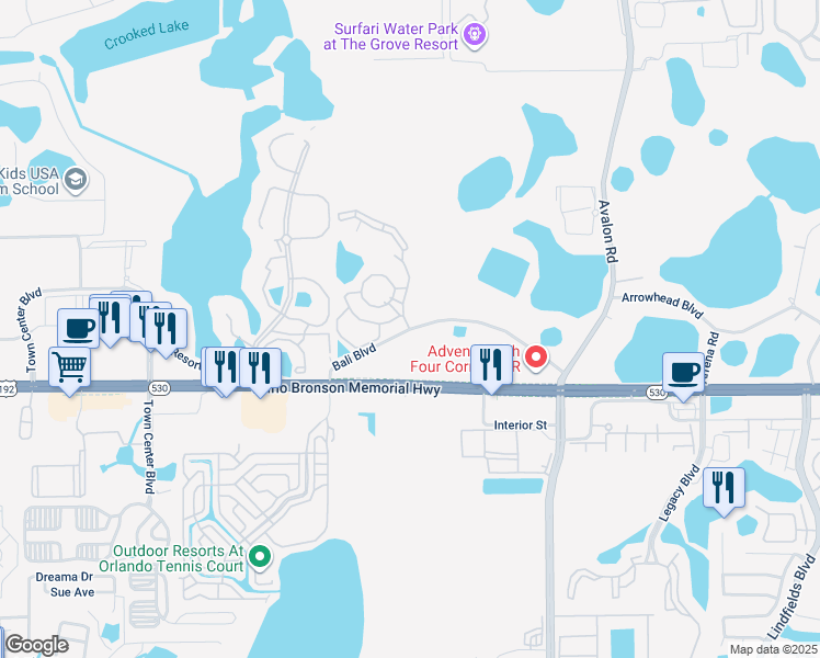 map of restaurants, bars, coffee shops, grocery stores, and more near 17771 Bali Boulevard in Winter Garden