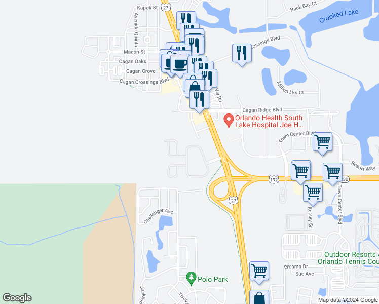 map of restaurants, bars, coffee shops, grocery stores, and more near 332 Summer Place Loop in Clermont
