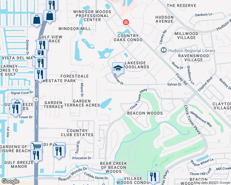 map of restaurants, bars, coffee shops, grocery stores, and more near 7614 Fairlawn Drive in Hudson
