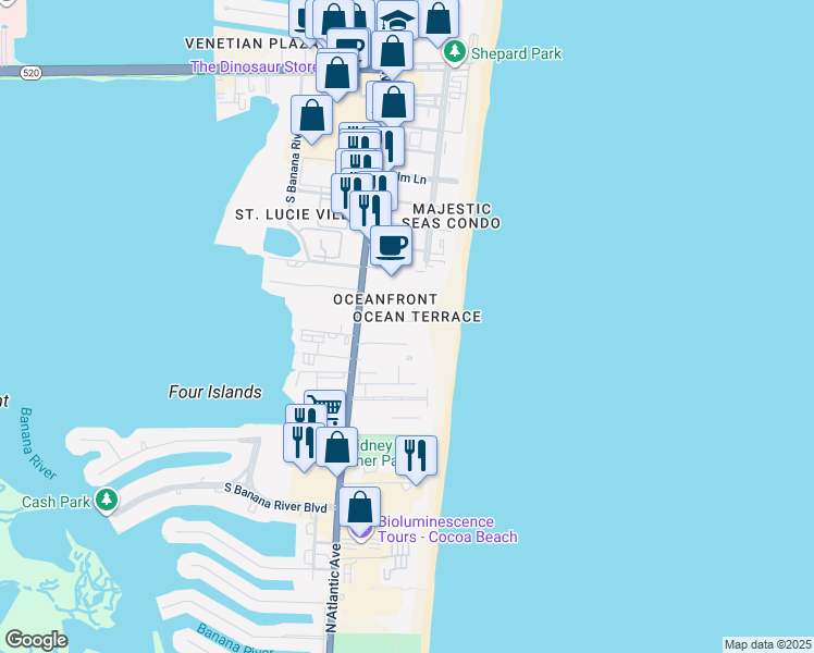 map of restaurants, bars, coffee shops, grocery stores, and more near 126 Surf Drive in Cocoa Beach