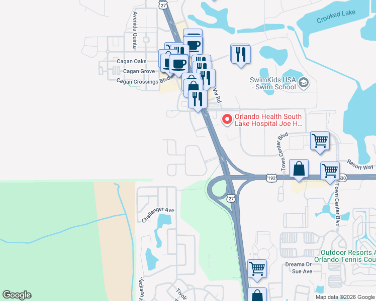 map of restaurants, bars, coffee shops, grocery stores, and more near 332 Summer Place Loop in Clermont
