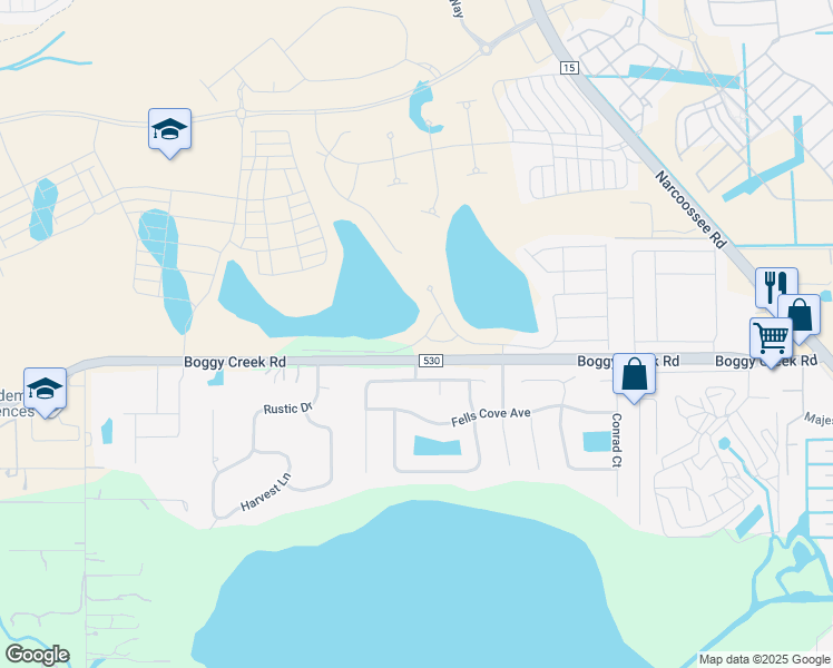 map of restaurants, bars, coffee shops, grocery stores, and more near Boggy Creek Road in Kissimmee