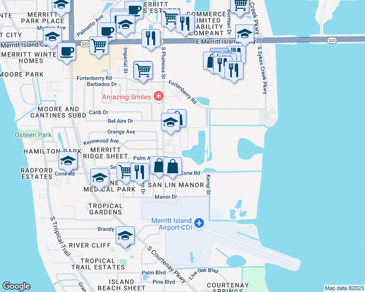 map of restaurants, bars, coffee shops, grocery stores, and more near 18 Voyager Way in Merritt Island