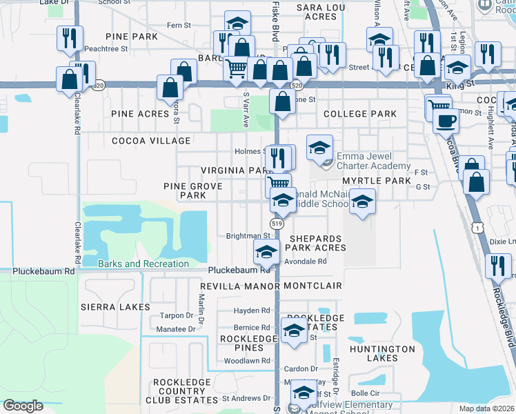 map of restaurants, bars, coffee shops, grocery stores, and more near 812 South Kentucky Avenue in Rockledge