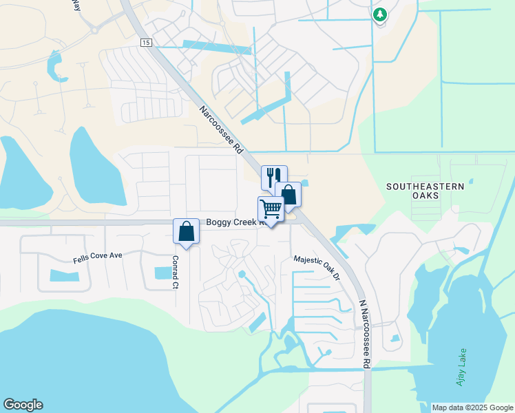 map of restaurants, bars, coffee shops, grocery stores, and more near 19451 Boggy Creek Road in Orlando