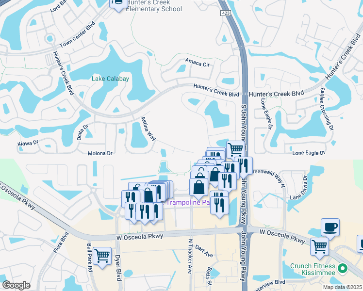 map of restaurants, bars, coffee shops, grocery stores, and more near 3400 Astina Court in Orlando