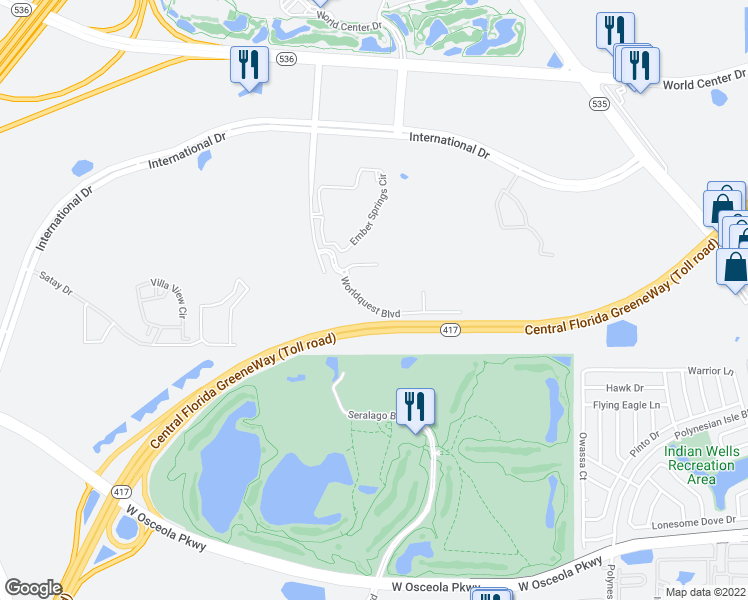 map of restaurants, bars, coffee shops, grocery stores, and more near 8801 Worldquest Boulevard in Orlando