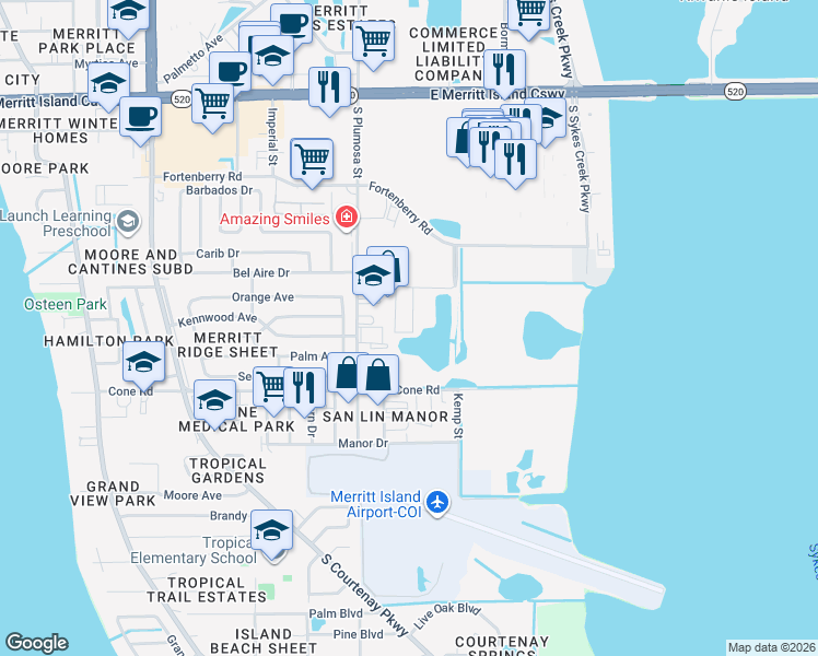 map of restaurants, bars, coffee shops, grocery stores, and more near 435 Catamaran Drive in Merritt Island