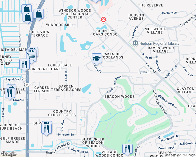 map of restaurants, bars, coffee shops, grocery stores, and more near 7614 Fairlawn Drive in Hudson