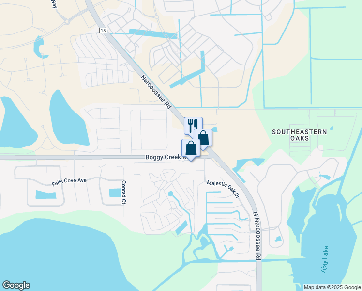 map of restaurants, bars, coffee shops, grocery stores, and more near 19465 Boggy Creek Road in Orlando