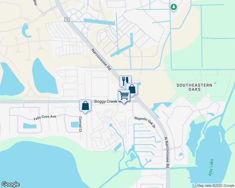 map of restaurants, bars, coffee shops, grocery stores, and more near 19451 Boggy Creek Road in Orlando