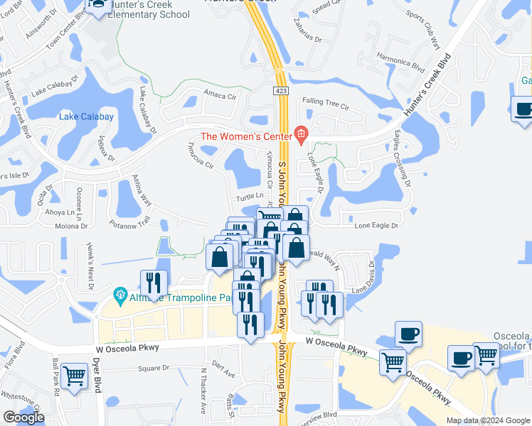 map of restaurants, bars, coffee shops, grocery stores, and more near 3198 Timucua Circle in Orlando