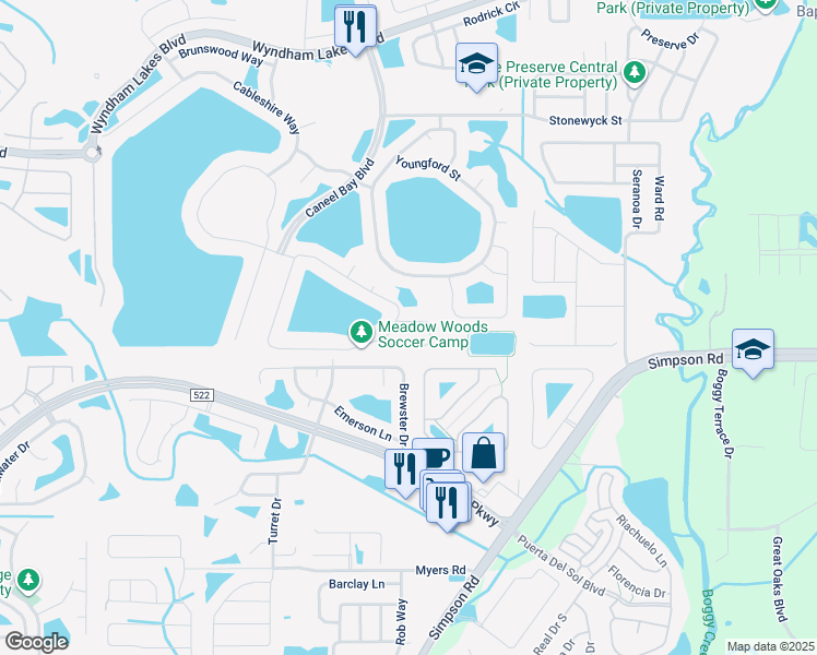 map of restaurants, bars, coffee shops, grocery stores, and more near 1711 Penrith Loop in Orlando