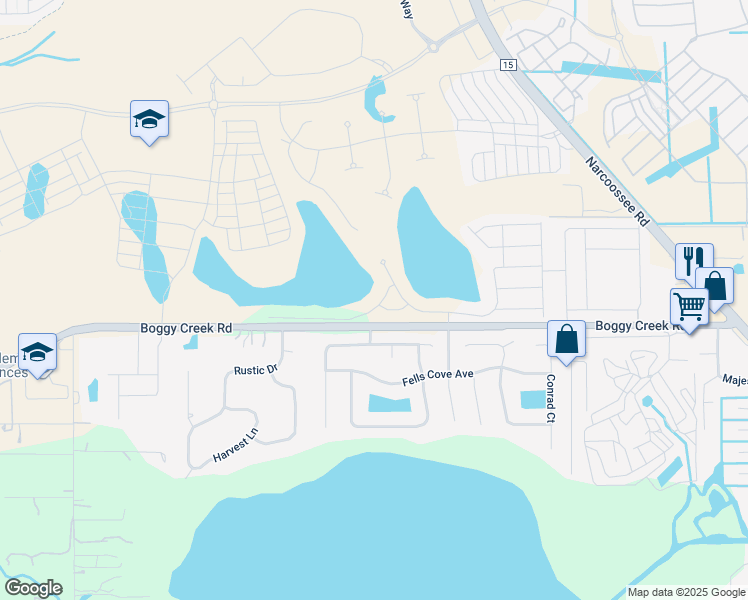 map of restaurants, bars, coffee shops, grocery stores, and more near Boggy Creek Road in Kissimmee