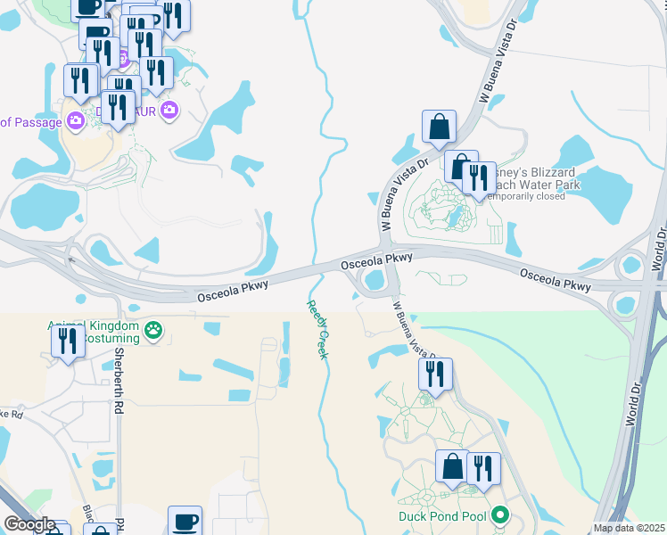 map of restaurants, bars, coffee shops, grocery stores, and more near Osceola Parkway in Kissimmee