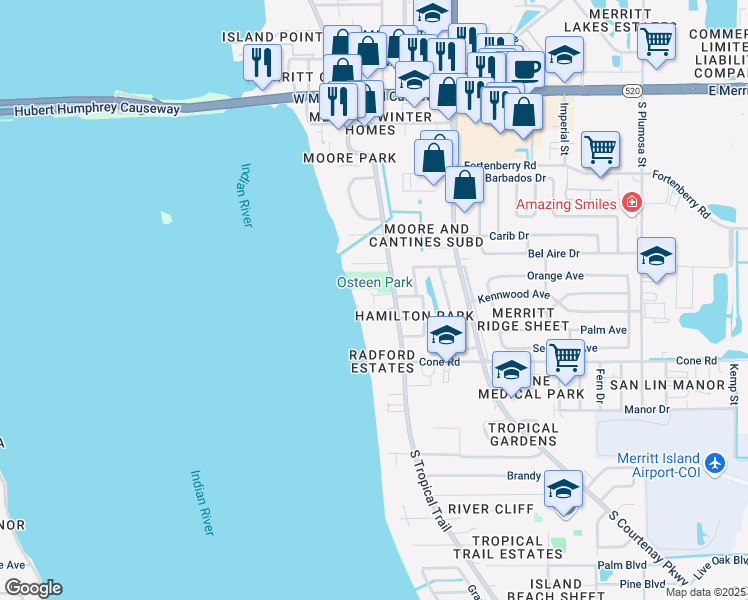 map of restaurants, bars, coffee shops, grocery stores, and more near 160 Kadlac Drive in Merritt Island