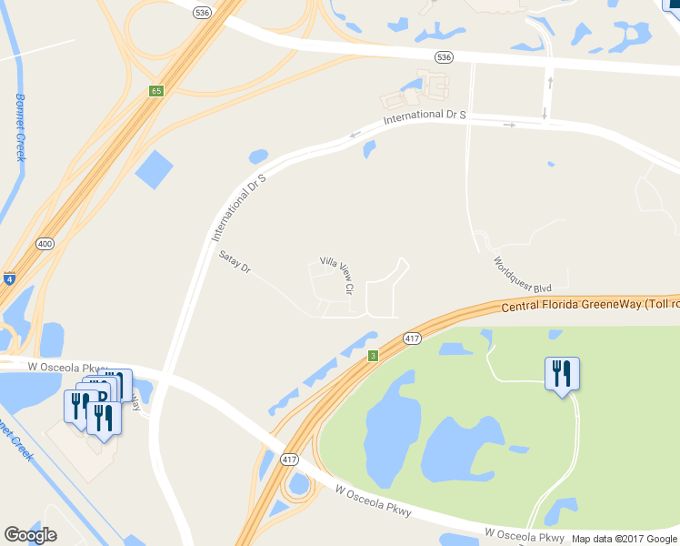 map of restaurants, bars, coffee shops, grocery stores, and more near 8849 Villa View Circle in Orlando