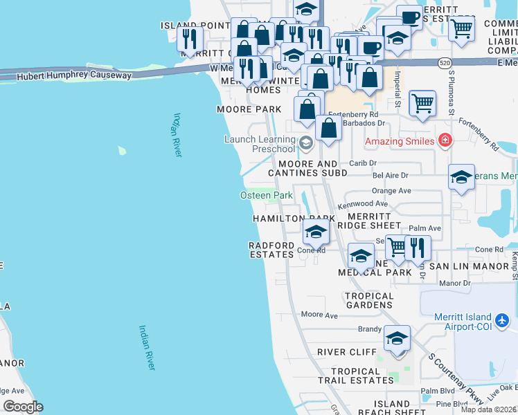 map of restaurants, bars, coffee shops, grocery stores, and more near 525 South Tropical Trail in Merritt Island
