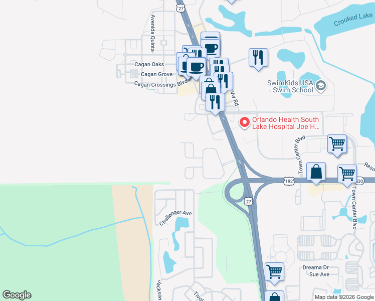 map of restaurants, bars, coffee shops, grocery stores, and more near 16710 Caribbean Breeze Way in Clermont