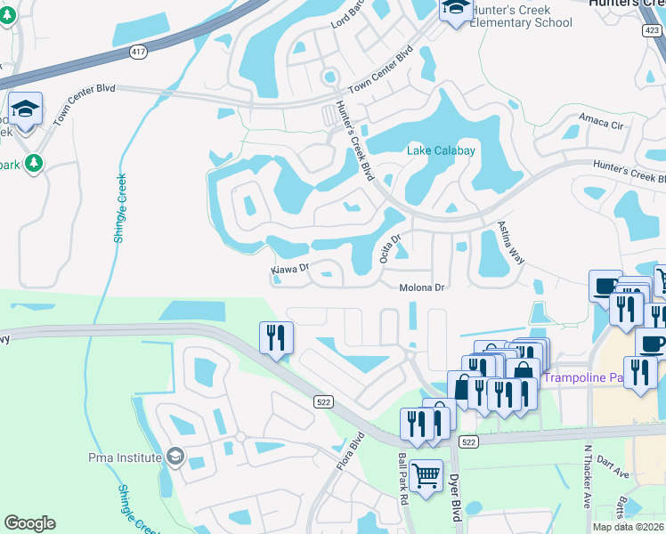 map of restaurants, bars, coffee shops, grocery stores, and more near 3926 Kiawa Drive in Orlando