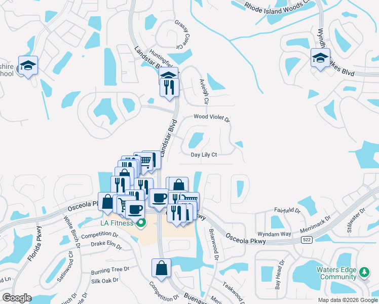 map of restaurants, bars, coffee shops, grocery stores, and more near 14743 Day Lily Court in Orlando