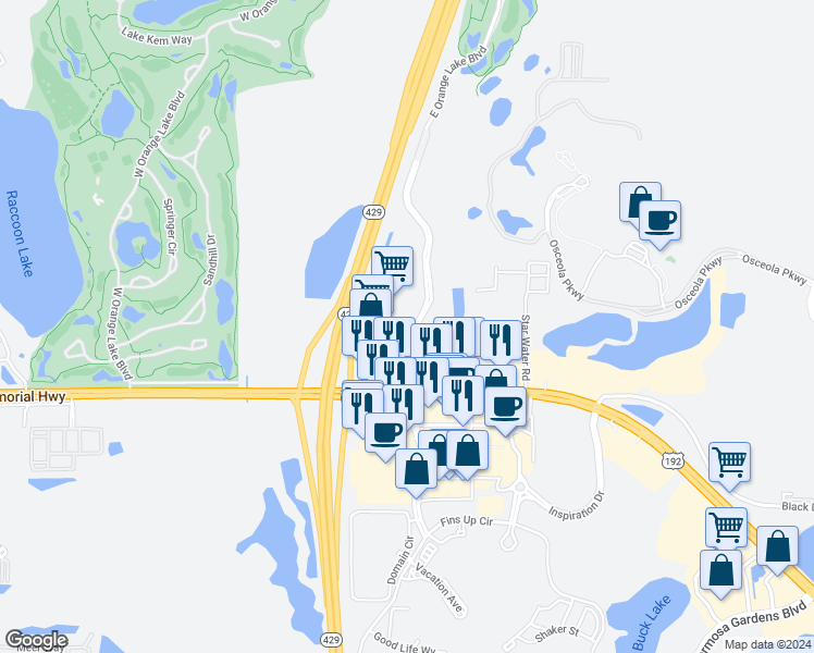 map of restaurants, bars, coffee shops, grocery stores, and more near Unnamed Road in Kissimmee