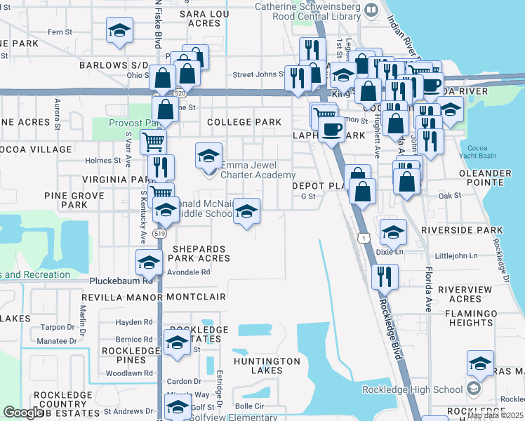 map of restaurants, bars, coffee shops, grocery stores, and more near 481 Rosa L Jones Boulevard in Rockledge