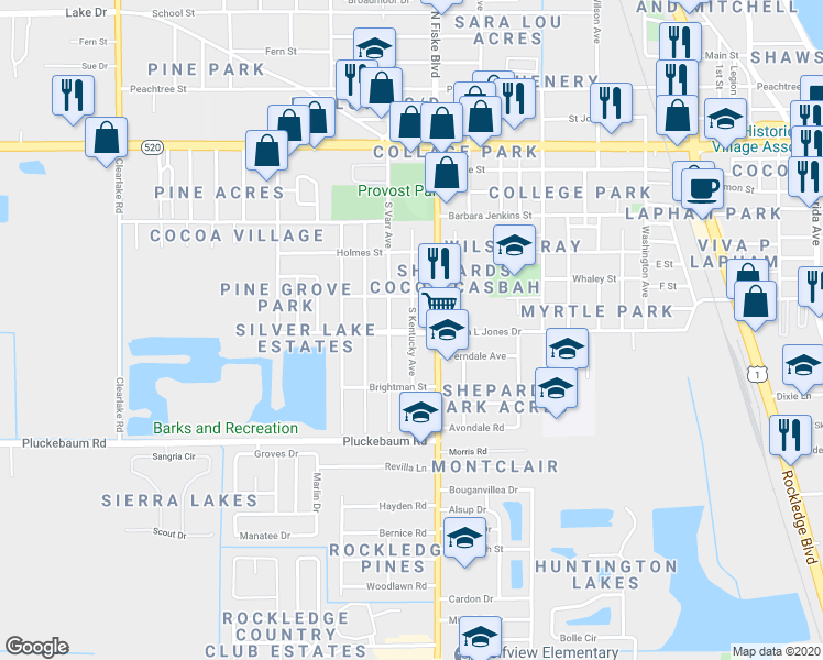 map of restaurants, bars, coffee shops, grocery stores, and more near 799 South Kentucky Avenue in Cocoa